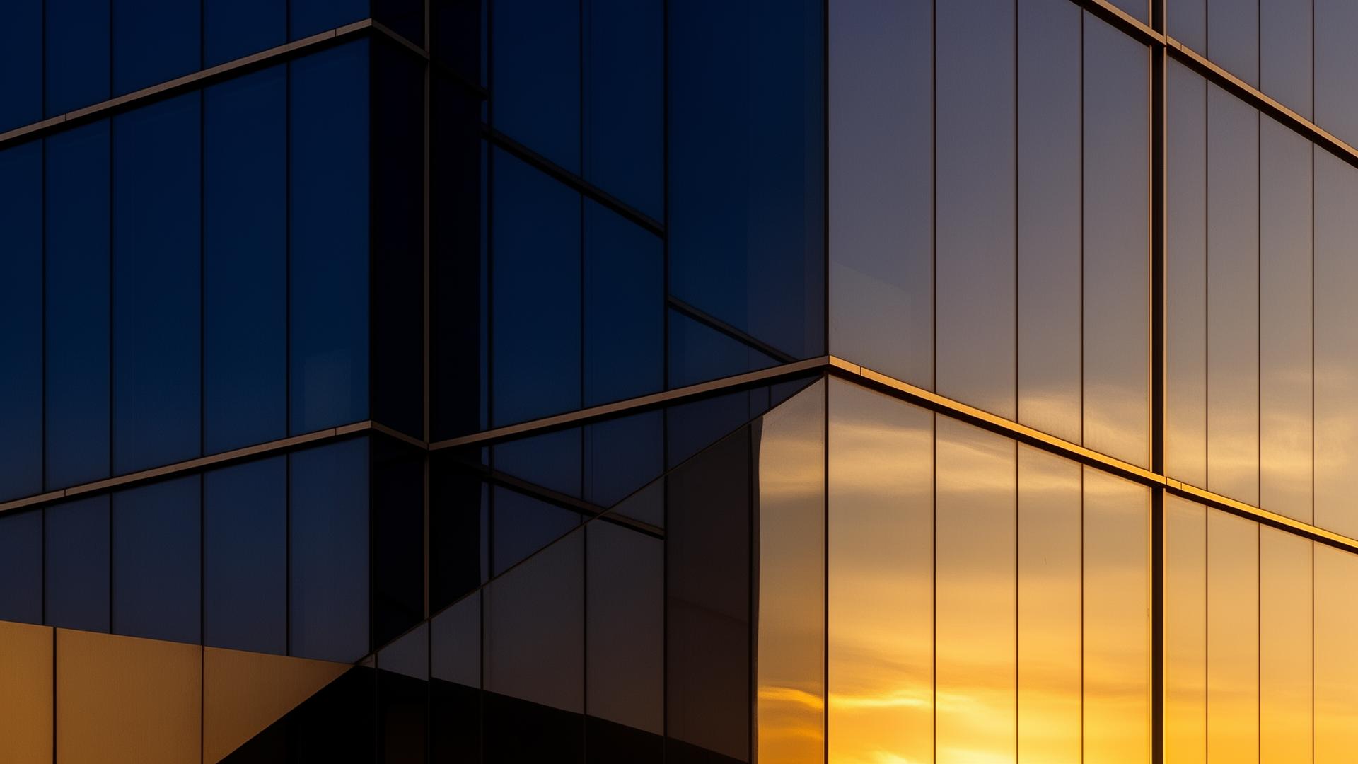 Modern corporate architecture at sunset
